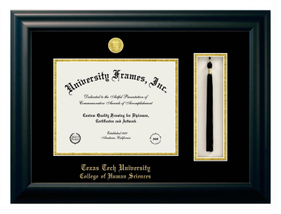 Texas Tech University College of Human Sciences Diploma with Tassel Box Frame in Satin Black with Black & Gold Mats for document: 8 1/2"h x 11"w  