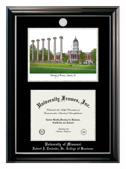 University of Missouri Robert J. Trulaske, Sr. College of Business Double Opening with Campus Image (Stacked) Frame in Classic Ebony with Silver Trim with Black & Silver Mats for document: 8 1/2"h x 11"w  