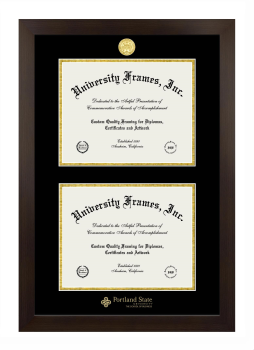 Portland State University The School of Business Double Diploma Frame in Manhattan Espresso with Black & Gold Mats for document: 8 1/2"h x 11"w  , document: 8 1/2"h x 11"w  