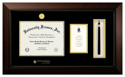 Portland State University The School of Business Diploma with Announcement & Tassel Box Frame in Legacy Black Cherry with Black & Gold Mats for document: 8 1/2"h x 11"w  , diploma: 7"h x 4"w  