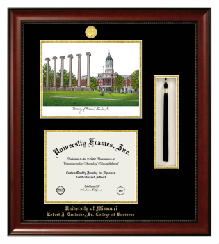 University of Missouri Robert J. Trulaske, Sr. College of Business Double Opening with Campus Image & Tassel Box (Stacked) Frame in Avalon Mahogany with Black & Gold Mats for document: 8 1/2"h x 11"w  