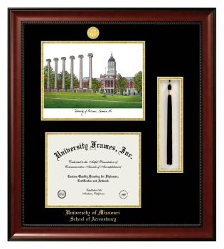 University of Missouri School of Accountancy Double Opening with Campus Image & Tassel Box (Stacked) Frame in Avalon Mahogany with Black & Gold Mats for document: 8 1/2"h x 11"w  