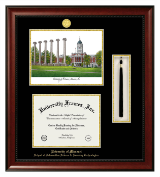University of Missouri School of Information Science & Learning Technologies Double Opening with Campus Image & Tassel Box (Stacked) Frame in Avalon Mahogany with Black & Gold Mats for document: 8 1/2"h x 11"w  