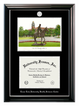 Texas Tech University Health Sciences Center Double Opening with Campus Image (Stacked) Frame in Classic Ebony with Silver Trim with Black & Silver Mats for document: 8 1/2"h x 11"w  