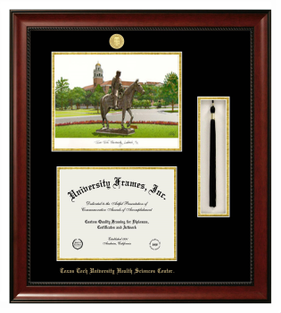 Texas Tech University Health Sciences Center Double Opening with Campus Image & Tassel Box (Stacked) Frame in Avalon Mahogany with Black & Gold Mats for document: 8 1/2"h x 11"w  
