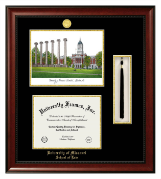 University of Missouri School of Law Double Opening with Campus Image & Tassel Box (Stacked) Frame in Avalon Mahogany with Black & Gold Mats for document: 8 1/2"h x 11"w  