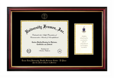 Texas Tech University Health Sciences Center - El Paso Paul L. Foster School of Medicine Diploma with Announcement Frame in Petite Mahogany with Gold Trim with Black & Gold Mats for document: 8 1/2"h x 11"w  , diploma: 7"h x 4"w  