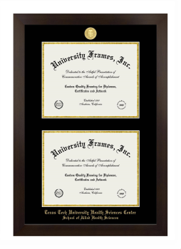 Texas Tech University Health Sciences Center School of Allied Health Sciences Double Diploma Frame in Manhattan Espresso with Black & Gold Mats for document: 8 1/2"h x 11"w  , document: 8 1/2"h x 11"w  