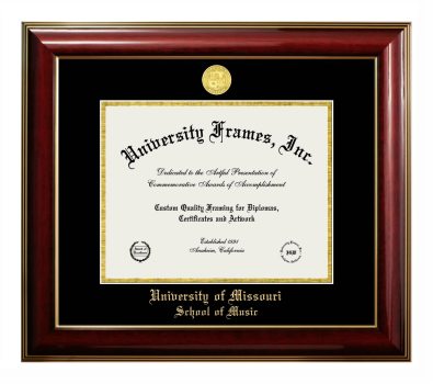 University of Missouri School of Music Diploma Frame in Classic Mahogany with Gold Trim with Black & Gold Mats for document: 8 1/2"h x 11"w  