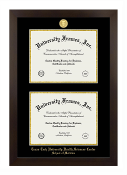 Texas Tech University Health Sciences Center School of Medicine Double Diploma Frame in Manhattan Espresso with Black & Gold Mats for document: 8 1/2"h x 11"w  , document: 8 1/2"h x 11"w  