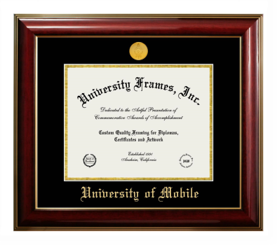 University of Mobile Diploma Frame in Classic Mahogany with Gold Trim with Black & Gold Mats for document: 8 1/2"h x 11"w  