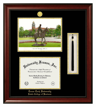 Texas Tech University Rawls College of Business Double Opening with Campus Image & Tassel Box (Stacked) Frame in Avalon Mahogany with Black & Gold Mats for document: 8 1/2"h x 11"w  
