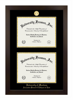 University of Montana (Missoula) Alexander Blewett III School of Law Double Diploma Frame in Manhattan Espresso with Black & Gold Mats for document: 8 1/2"h x 11"w  , document: 8 1/2"h x 11"w  