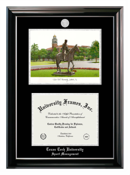 Texas Tech University Sport Management Double Opening with Campus Image (Stacked) Frame in Classic Ebony with Silver Trim with Black & Silver Mats for document: 8 1/2"h x 11"w  