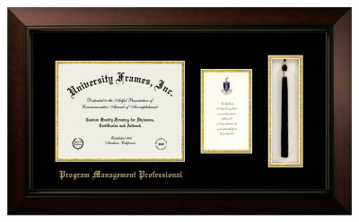 Program Management Professional Diploma with Announcement & Tassel Box Frame in Legacy Black Cherry with Black & Gold Mats for document: 8 1/2"h x 11"w  , diploma: 7"h x 4"w  