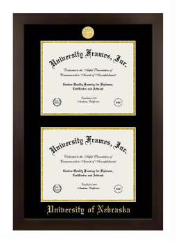 University of Nebraska (Lincoln) Double Diploma Frame in Manhattan Espresso with Black & Gold Mats for document: 8 1/2"h x 11"w  , document: 8 1/2"h x 11"w  