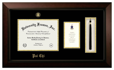Psi Chi Diploma with Announcement & Tassel Box Frame in Legacy Black Cherry with Black & Gold Mats for document: 8 1/2"h x 11"w  , diploma: 7"h x 4"w  