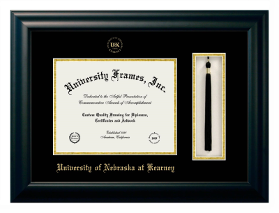 University of Nebraska at Kearney Diploma with Tassel Box Frame in Satin Black with Black & Gold Mats for document: 8 1/2"h x 11"w  