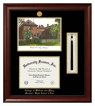 College of William and Mary Marshall - Wythe School of Law Double Opening with Campus Image & Tassel Box (Stacked) Frame in Avalon Mahogany with Black & Gold Mats for document: 8 1/2"h x 11"w  
