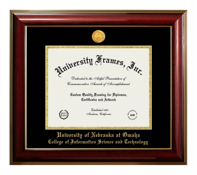 University of Nebraska at Omaha College of Information Science and Technology Diploma Frame in Classic Mahogany with Gold Trim with Black & Gold Mats for document: 8 1/2"h x 11"w  