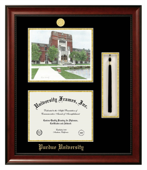 Purdue University Double Opening with Campus Image & Tassel Box (Stacked) Frame in Avalon Mahogany with Black & Gold Mats for document: 8 1/2"h x 11"w  