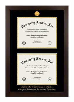 University of Nebraska at Omaha College of Information Science and Technology Double Diploma Frame in Manhattan Espresso with Black & Gold Mats for document: 8 1/2"h x 11"w  , document: 8 1/2"h x 11"w  