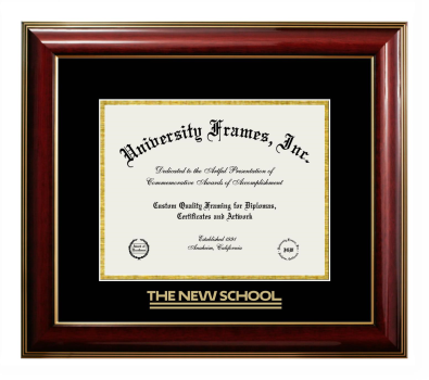 The New School Diploma Frame in Classic Mahogany with Gold Trim with Black & Gold Mats for document: 8 1/2"h x 11"w  