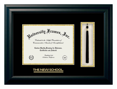 The New School Diploma with Tassel Box Frame in Satin Black with Black & Gold Mats for document: 8 1/2"h x 11"w  