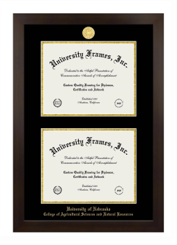 University of Nebraska College of Agricultural Sciences and Natural Resources Double Diploma Frame in Manhattan Espresso with Black & Gold Mats for document: 8 1/2"h x 11"w  , document: 8 1/2"h x 11"w  