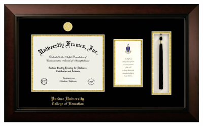 Purdue University College of Education Diploma with Announcement & Tassel Box Frame in Legacy Black Cherry with Black & Gold Mats for document: 8 1/2"h x 11"w  , diploma: 7"h x 4"w  