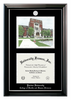 Purdue University College of Health and Human Sciences Double Opening with Campus Image (Stacked) Frame in Classic Ebony with Silver Trim with Black & Silver Mats for document: 8 1/2"h x 11"w  