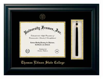 Thomas Edison State College Diploma with Tassel Box Frame in Satin Black with Black & Gold Mats for document: 8 1/2"h x 11"w  