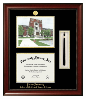 Purdue University College of Health and Human Sciences Double Opening with Campus Image & Tassel Box (Stacked) Frame in Avalon Mahogany with Black & Gold Mats for document: 8 1/2"h x 11"w  