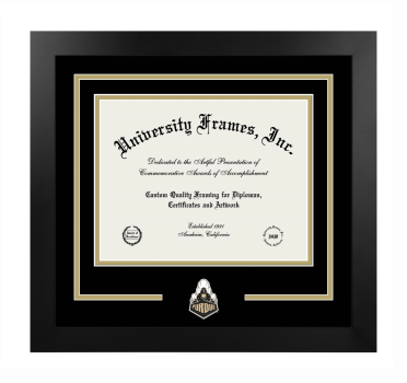 Purdue University College of Liberal Arts Logo Mat Frame in Manhattan Black with Black & Tan Mats for document: 8 1/2"h x 11"w  