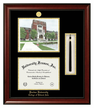 Purdue University College of Liberal Arts Double Opening with Campus Image & Tassel Box (Stacked) Frame in Avalon Mahogany with Black & Gold Mats for document: 8 1/2"h x 11"w  