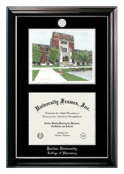 Purdue University College of Pharmacy Double Opening with Campus Image (Stacked) Frame in Classic Ebony with Silver Trim with Black & Silver Mats for document: 8 1/2"h x 11"w  