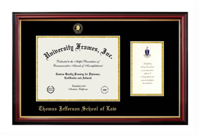 Thomas Jefferson School of Law Diploma with Announcement Frame in Petite Mahogany with Gold Trim with Black & Gold Mats for document: 8 1/2"h x 11"w  , diploma: 7"h x 4"w  