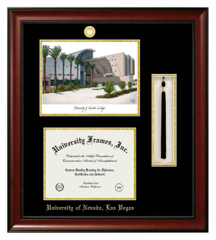 University of Nevada Las Vegas Double Opening with Campus Image & Tassel Box (Stacked) Frame in Avalon Mahogany with Black & Gold Mats for document: 8 1/2"h x 11"w  