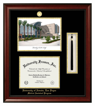 University of Nevada Las Vegas Medical Assistant Program Double Opening with Campus Image & Tassel Box (Stacked) Frame in Avalon Mahogany with Black & Gold Mats for document: 8 1/2"h x 11"w  