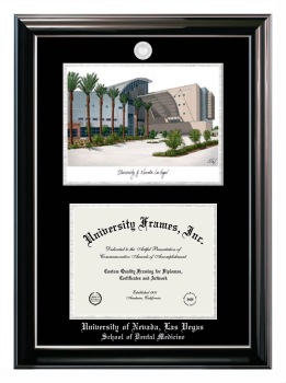 University of Nevada Las Vegas School of Dental Medicine Double Opening with Campus Image (Stacked) Frame in Classic Ebony with Silver Trim with Black & Silver Mats for document: 8 1/2"h x 11"w  