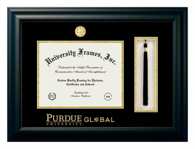Purdue University Global Diploma with Tassel Box Frame in Satin Black with Black & Gold Mats for document: 8 1/2"h x 11"w  