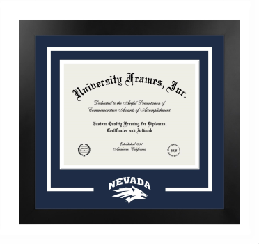 University of Nevada Reno Logo Mat Frame in Manhattan Black with Navy Blue & White Mats for document: 8 1/2"h x 11"w  