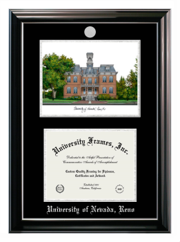 University of Nevada Reno Double Opening with Campus Image (Stacked) Frame in Classic Ebony with Silver Trim with Black & Silver Mats for document: 8 1/2"h x 11"w  