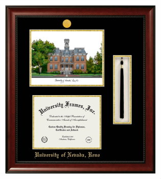 University of Nevada Reno Double Opening with Campus Image & Tassel Box (Stacked) Frame in Avalon Mahogany with Black & Gold Mats for document: 8 1/2"h x 11"w  