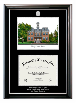 University of Nevada Reno College of Agriculture, Biotechnology and Natural Resources Double Opening with Campus Image (Stacked) Frame in Classic Ebony with Silver Trim with Black & Silver Mats for document: 8 1/2"h x 11"w  