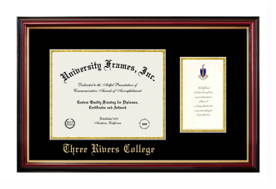 Three Rivers College Diploma with Announcement Frame in Petite Mahogany with Gold Trim with Black & Gold Mats for document: 8 1/2"h x 11"w  , diploma: 7"h x 4"w  