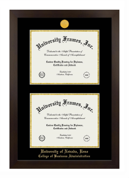 University of Nevada Reno College of Business Administration Double Diploma Frame in Manhattan Espresso with Black & Gold Mats for document: 8 1/2"h x 11"w  , document: 8 1/2"h x 11"w  