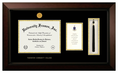 Tidewater Community College Diploma with Announcement & Tassel Box Frame in Legacy Black Cherry with Black & Gold Mats for document: 8 1/2"h x 11"w  , diploma: 7"h x 4"w  