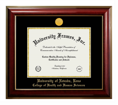 University of Nevada Reno College of Health and Human Sciences Diploma Frame in Classic Mahogany with Gold Trim with Black & Gold Mats for document: 8 1/2"h x 11"w  
