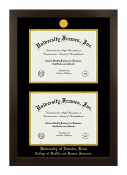 University of Nevada Reno College of Health and Human Sciences Double Diploma Frame in Manhattan Espresso with Black & Gold Mats for document: 8 1/2"h x 11"w  , document: 8 1/2"h x 11"w  